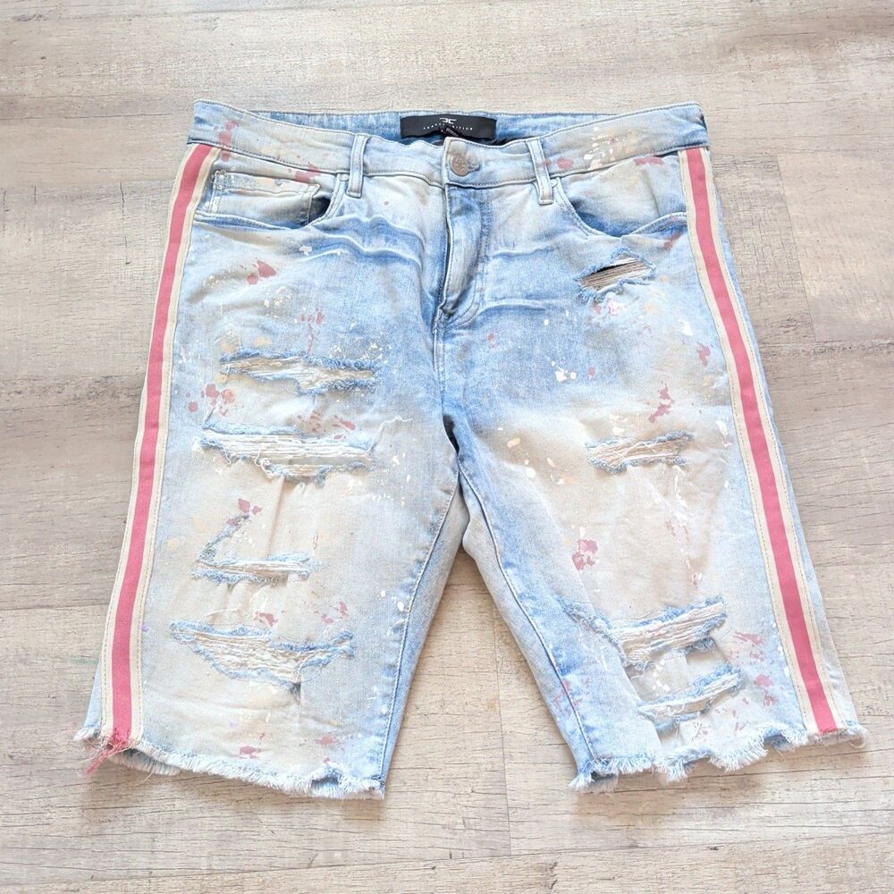 John Craig Mens Distressed Denim Jean Shorts Sz 34 Paint Splatter Red Stripe